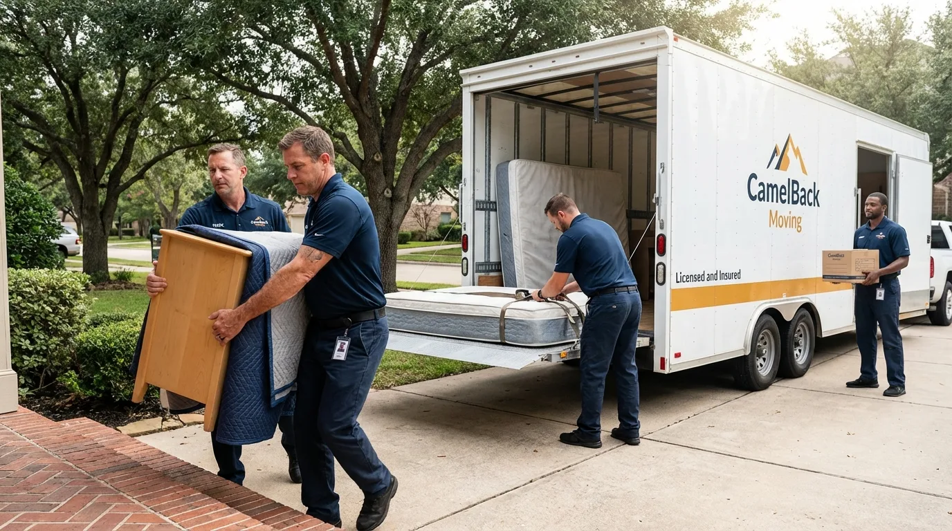 Crew loading residential truck for cross-state move from Cutler, CA