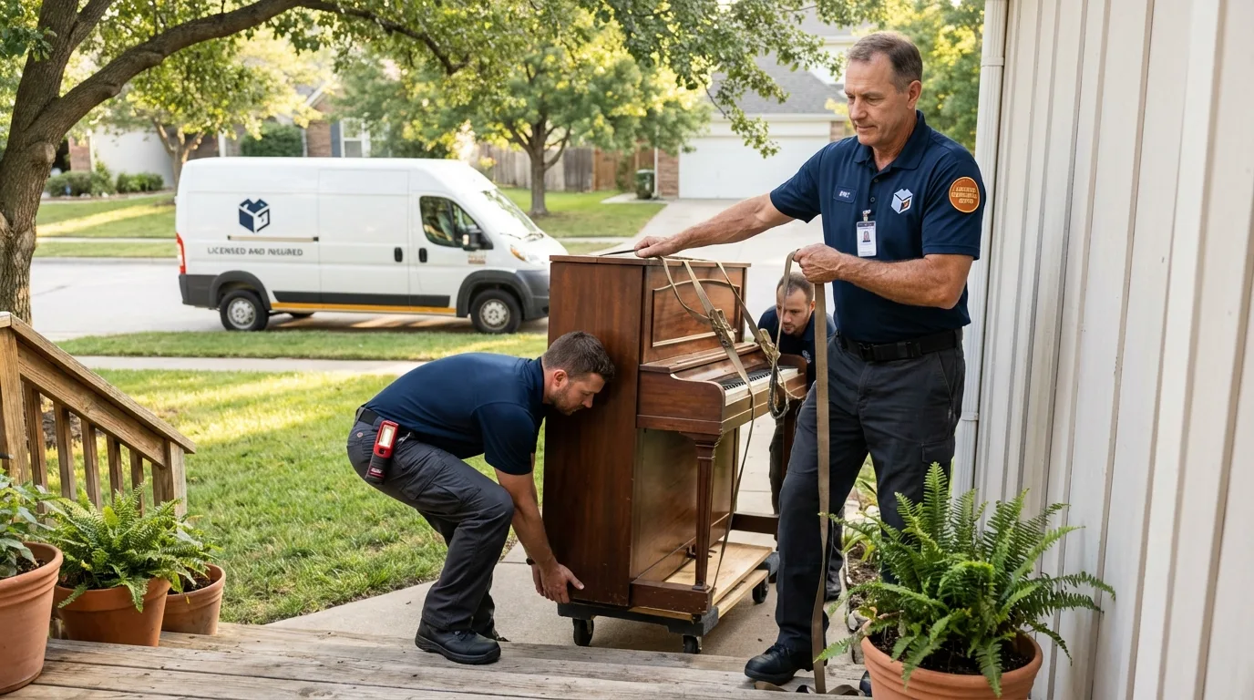 Licensed piano movers securing grand piano in Cutler, CA