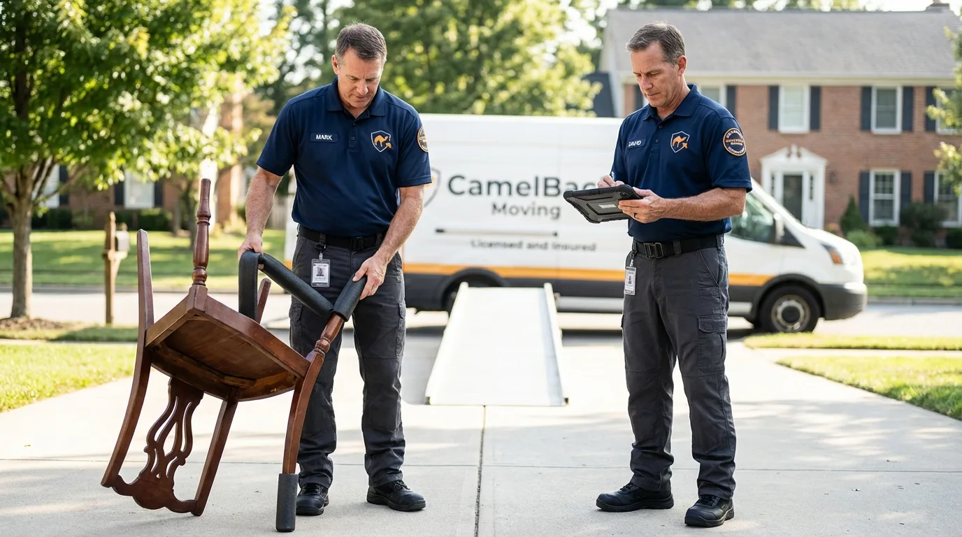 Movers inspecting furniture for damage prevention before loading in Cutler, CA