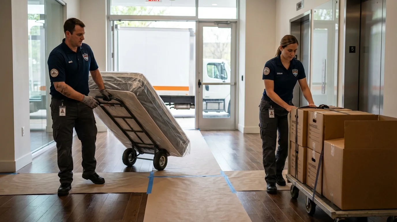 Professional apartment movers loading elevator in Cutler, CA