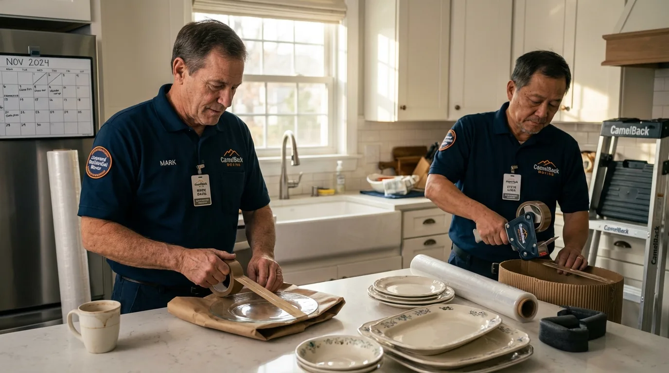 Professional crew packing kitchen dishware in Cutler, CA